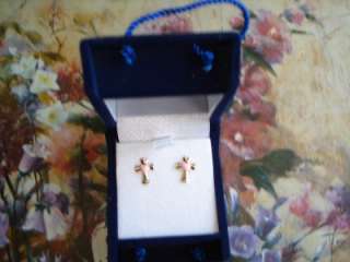 NWT .10K Yellow Gold Cross Studs with Pink Enamel  