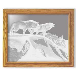  Timber Wolves Etched Mirror   Solid Oak Rectangle Frame 