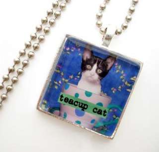 TEA CUP Cat Framed Glass Tile Pendant Necklace Kitty  