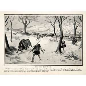  1909 Print Ice Age Bison Hunting Spear Stone Ax Herd Snow 