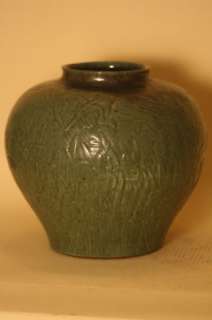 Antique 19thc Japanese Asian Green Seiji Vase Relief Bird Flower 