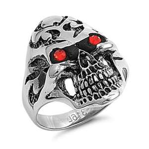    Stainless Steel Skull with Garnet CZ Mens Ring Size 8: Jewelry