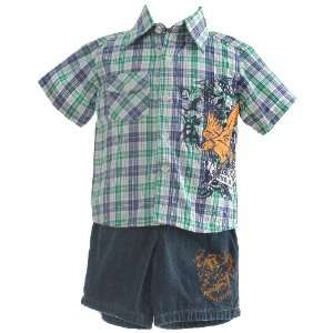   Boys Blue Plaid Shirt 3 Piece Denim Shorts Set 2T 4T: Allura: Baby