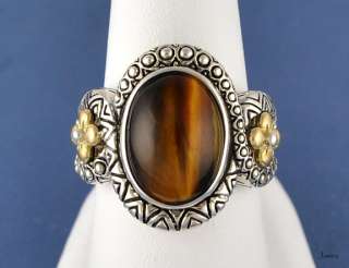 Barbara Bixby Sterling & 18K Yellow Gold Tigers Eye Floral Ring Size 