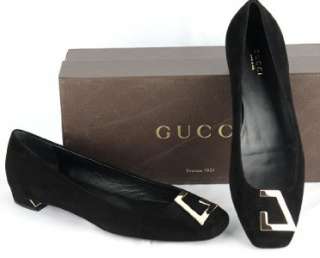 NEW GUCCI LADIES BLACK SUEDE LEATHER G BUCKLE FLAT SHOES W/BOX 37.5 