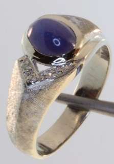 14k white gold .03ct gents blue star sapphire diamond ring mens 6.4g 