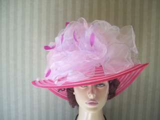   Wide Brim Hat~Pink~Feathers~Derby~Church~Fashion~Ascot~Tea~Hat  