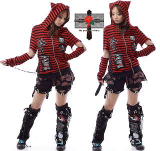 Unisex Visual Kei Rock Kitten Red Striped Cross Skull Gothic Tail EMO 