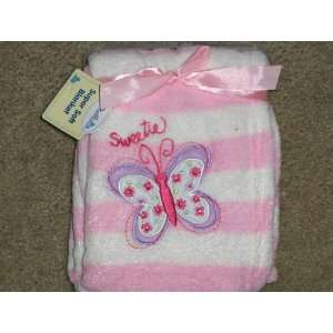   Baby Blanket Pink & White Striped Sweetie Embroidered Butterfly