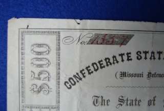 CIVIL WAR 1862 MISSOURI $500 CONFEDERATE DEFENCE BOND State Bond CSA 