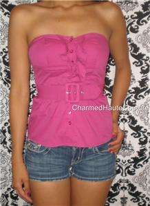 Bebe Pink Ruffle Belted Bustier Strapless Tube Top XS  