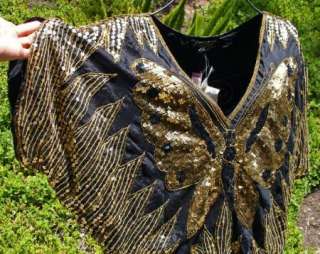Linsiano Gold Butterfly Sequin Bead Vintage 80s Blouse Silk Disco 