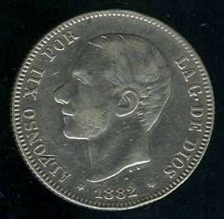 SPAIN ESPAÑA 2 PESETAS 1882(82) HIGH GRADE SILVER COIN  