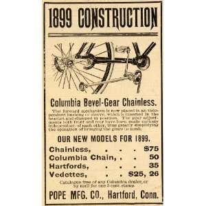 1899 Ad Pope Mfg. Co. Columbia Gear Chainless Bicycles   Original 