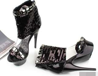 Women Heels Sequin Ankle Boots Shoes Sandals Black 1jM  
