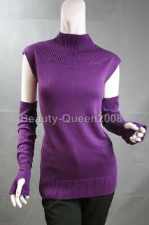 Wool Purple Sleeveless Cardigan Sweater+Gloves Set sz S  