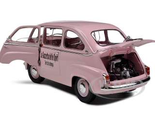 Brand new 1:18 scale diecast model car of Fiat 600D Multipla Pink La 