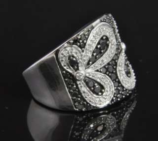   Gold Black White Diamond Flower Cigar Dome Wide Cocktail Band Ring 5.5