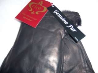 Cire Plush Rabbit Fur lined Leather Mittens,Blk  