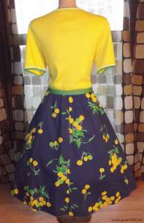 Vintage 80s 50s Yellow & Blue CHERRIES Full Sweep Dress ROCKABILLY 