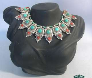   Handmade Tibetan Sterling Silver Turquoise And Corals Link Necklace