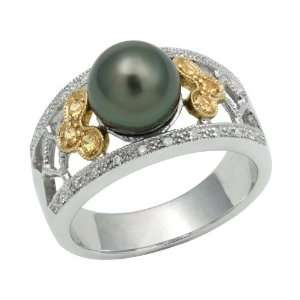 Sterling Silver Diamond Lined Crown Ring with 8 9mm Black Akoya Pearl 