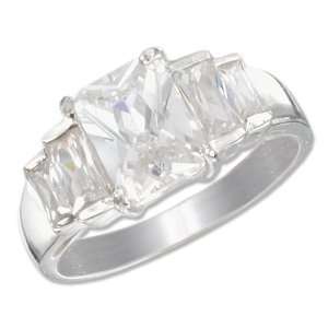  Wedding Band with Clear Emerald Cut Cubic Zirconia Center & Cubic 
