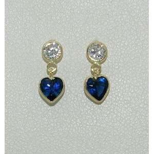  14K Yellow Gold CZ & Sapphire Dangling Heart Earrings 