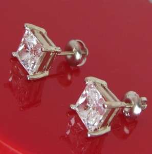 CT Princess Cut Man Made Diamond Stud EARRINGS Heavy 14K White GOLD 