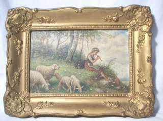 Lovely 1800s German Oil Painting A. Rudolphi Shepherd  