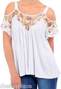 New Womens White COLD SHOULDER Floral LACE Flowy RUFFLE Top Choose 