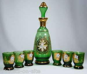Vintage Murano Green Glass Decanter Set Raised Floral (With Label 