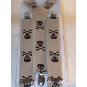   Tan / Black Skull Elastic Braces Clip Suspenders 