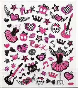 Pink Punk rock sculls heart guitar girl stickers silver  
