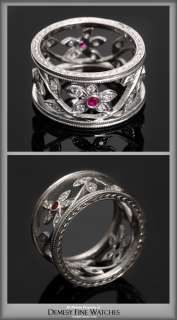 18K White Gold, Diamond, and Ruby Flower Ring Sz. 6  