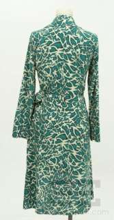 Diane Von Furstenberg Teal & Cream Silk Print 3/4 Sleeve Wrap Dress 