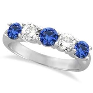  Five Stone Blue Sapphire and Diamond Ring 14k White Gold 