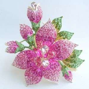 Gorgeous Orchid Flower Brooch Pin w Pink Rhinestone Crystals 