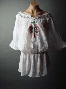 White Mexican Peasant 70s Floral Embroidered Gauze Cotton Top Blouse 