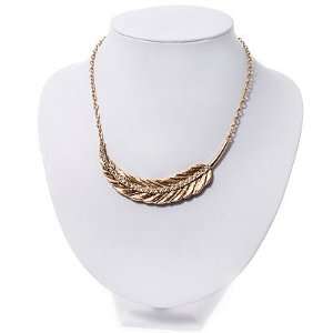 Large Crystal Feather Pendant Necklace In Gold Plated Metal   36cm 
