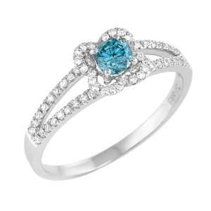   CT Blue Round Center Diamond and 0.25ct Melee in 14K WG Ring Jewelry