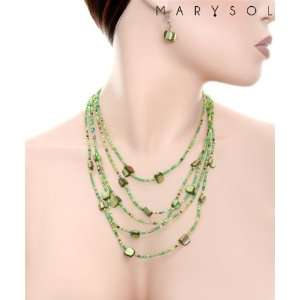  Green Multi Strand Seed & Assorted Bead Necklace & Earring 