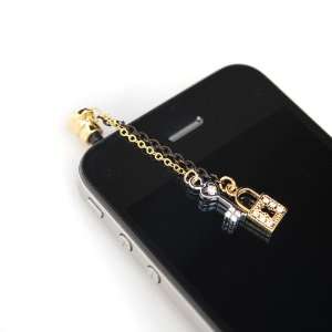  Gold Plated Lock and Key Chain Iphone Jack Anti Dust Plug 