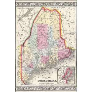  1864 Map of Maine   24x36 Poster (reproduction 