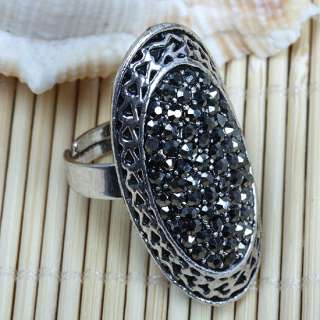 Retro Style Grey Crystal Oval Cocktail Ring S6.5 Adjustable Silver 