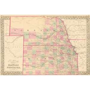    Mitchell 1875 Antique Map of Kansas & Nebraska