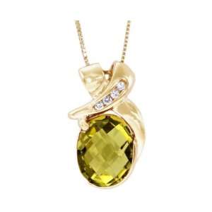 14K Yellow Gold Oval Gemstone and Diamond Pendant Lemon Citrine 
