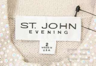   John Evening Beige Knit Jeweled Pearl Trim Zipper Jacket Size 2  