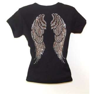  Angel Wing Rhinestone Black Womens T Shirts Top: Clothing