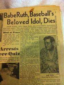   , 1948 Boston Daily Record Newspaper announcing Babe Ruth Dead  